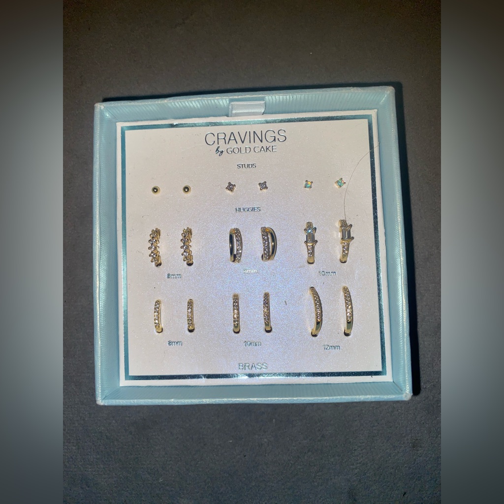 Bnib Cravings By Gold Cake. Brass W/Gold Plated Studs& Huggies Set Of 9 Earrings